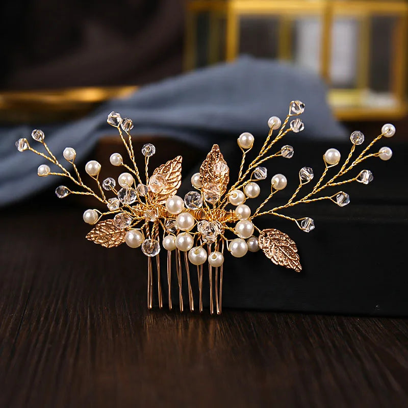 Crystal Pearl Leaf Hair Comb Clip - Handmade Wedding Tiara for Brides Style 8