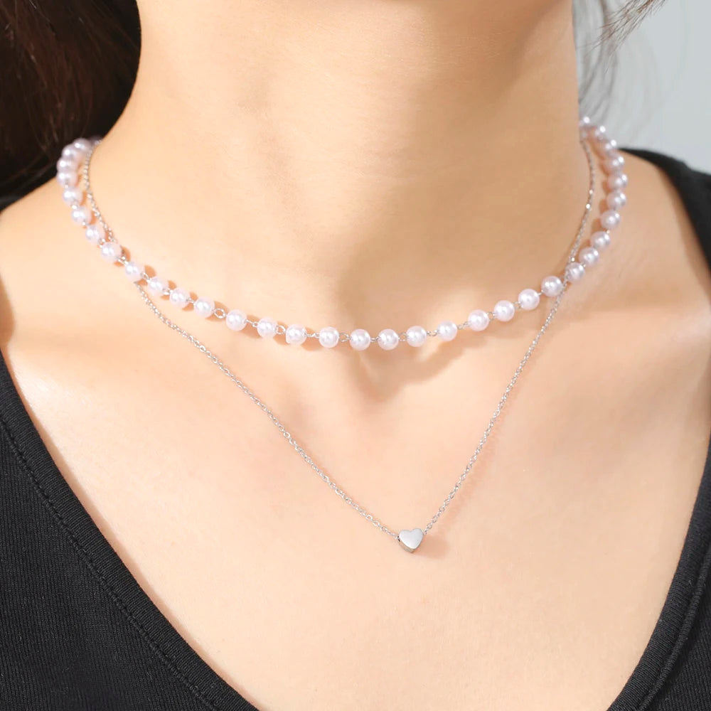 Skyrim Tiny Heart Choker Necklace Stainless Steel Double Layered Beads Chain Aesthetic Jewelry Gift for Women