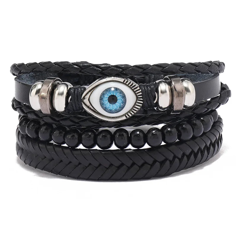 ZORCVENS Men's Handmade Braided Leather Bracelet Set - Vintage Black Punk Fashion Gift