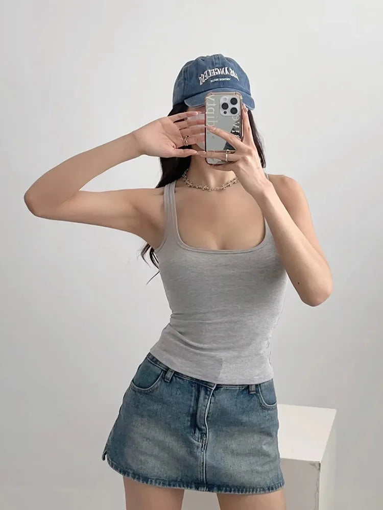 Womens Sculpted Square Neck Slim Tank Top Summer Casual