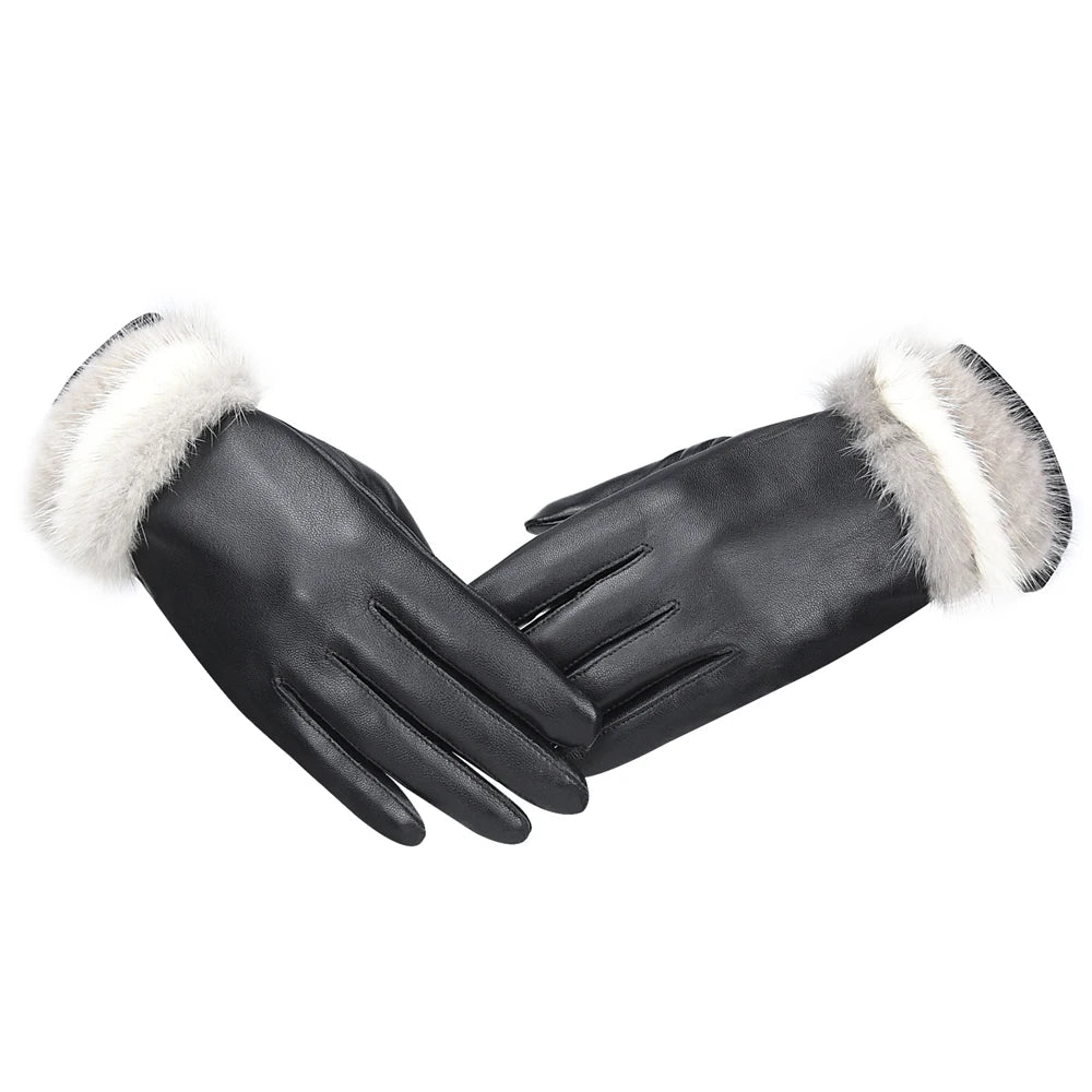 Autumn Winter Colorblocked Mink Lambskin Touchscreen Gloves