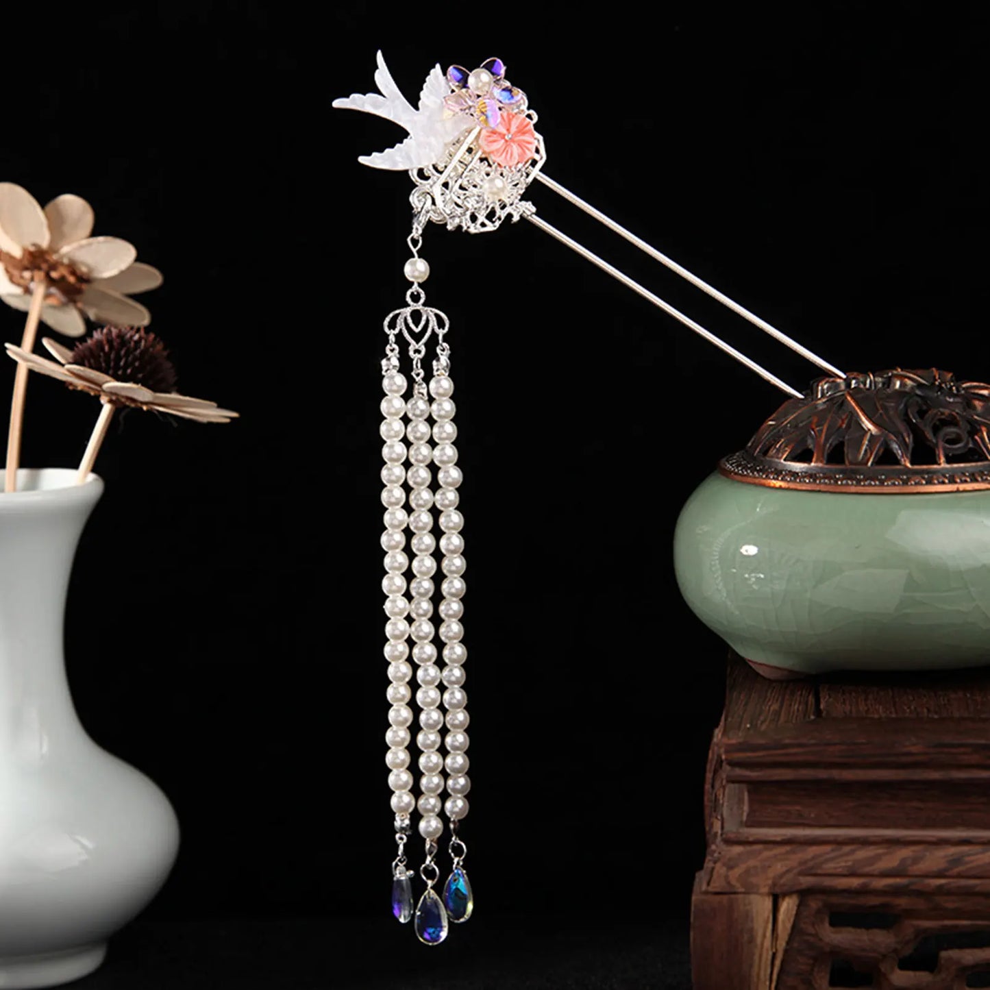 Elegant Gold Red Floral Pearl Long Tassel Hairpins Bridal Chinese Wedding Headpiece