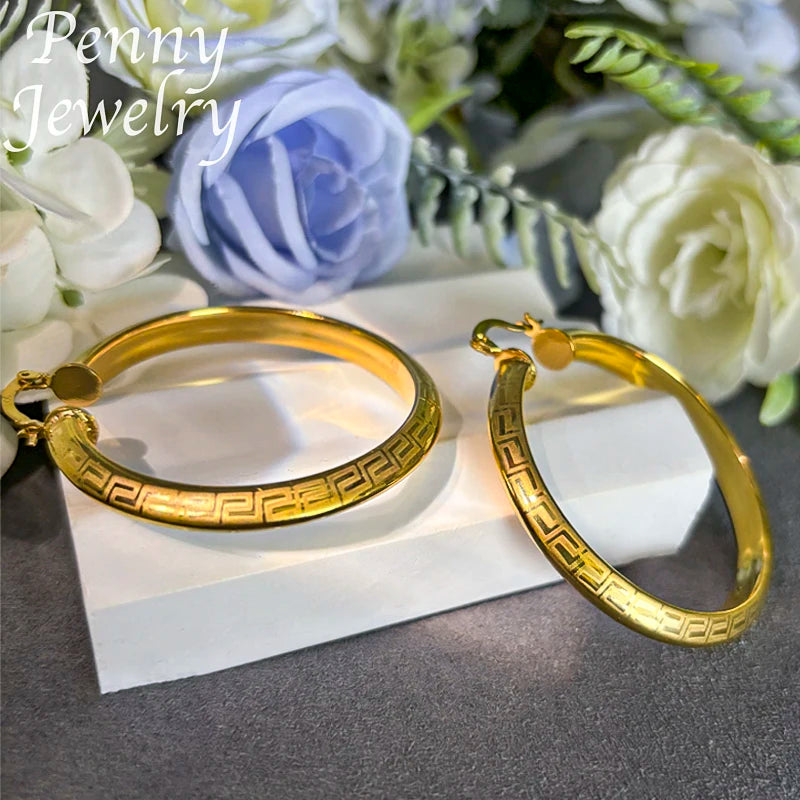 Big Round 18K Gold Plated Hoop Earrings for Women Vintage Copper Circle Jewelry Set