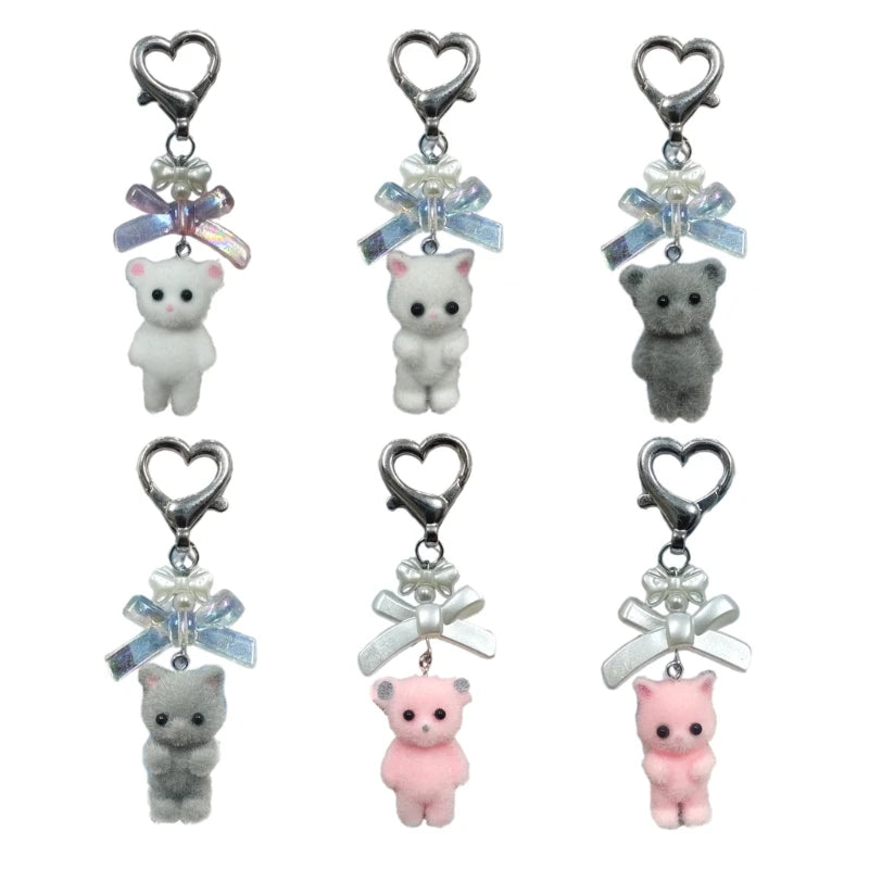 Charming Animal Flocking Keychain with Bowknot Pendant for Women