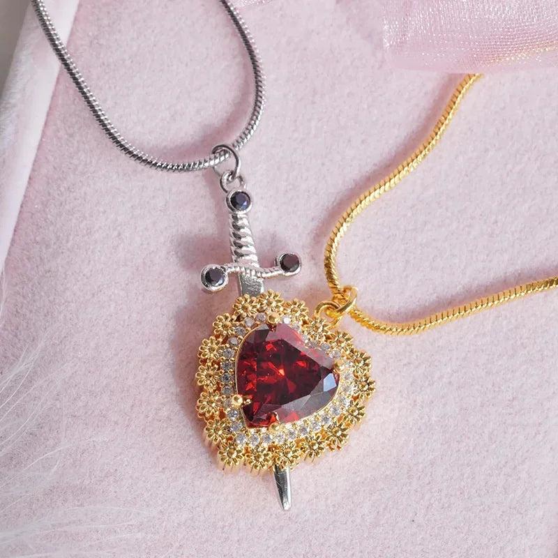 Assembled Heart and Sword Zircon Pendant Necklace Set for Couples Silver Gold Plated Choker Jewelry Gifts