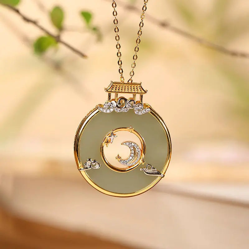 Natural Hetian Jade Pendant Necklace with Crystal Inlay Elegant Ladies Jewelry