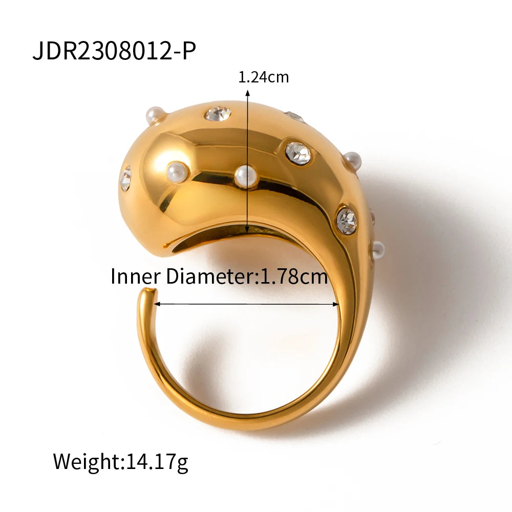 Uworld Fashion 18K Gold Plated Stainless Steel Sun Pearl Zircon Ripple Ring for Women