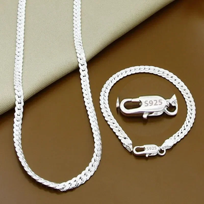 925 Sterling Silver Unisex 2 Piece Chain Necklace and Bracelet Set Elegant Fashion Jewelry for Weddings and Gifts