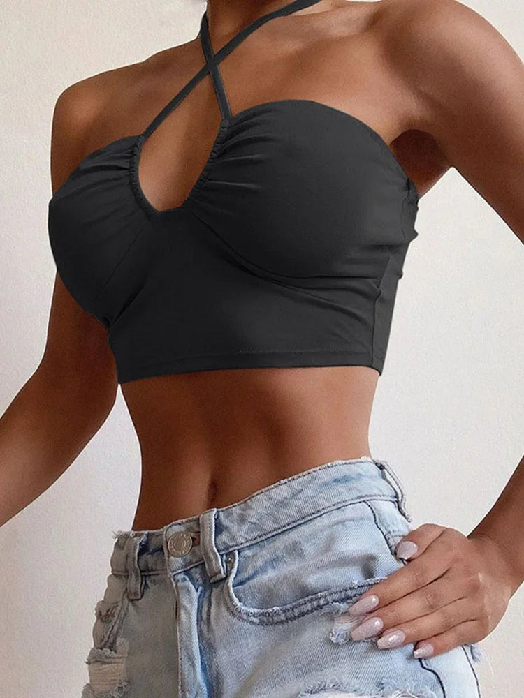 Sexy Lace Up Bow Halter Ruched Crop Top Backless Tube Top