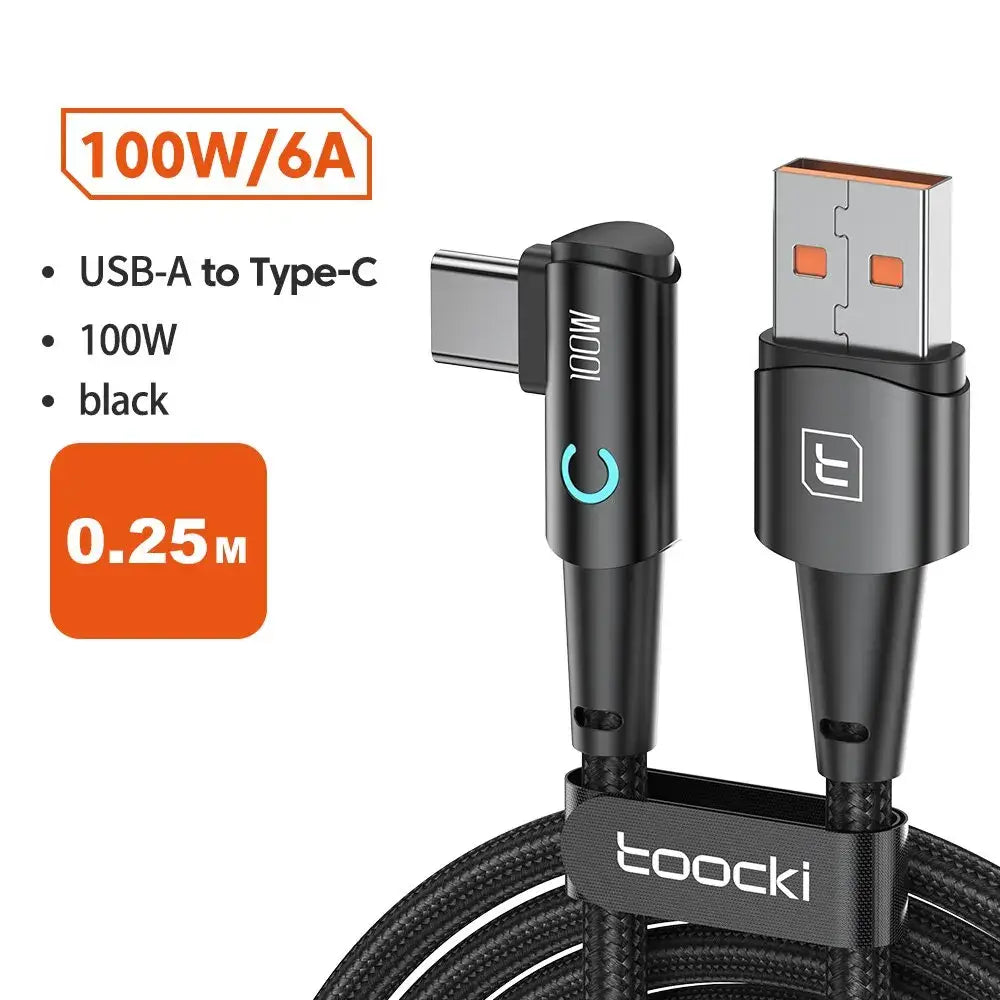 Toocki 6A USB C Cable 90 Degree For OPPO Fast Charging A- C black 0.25m