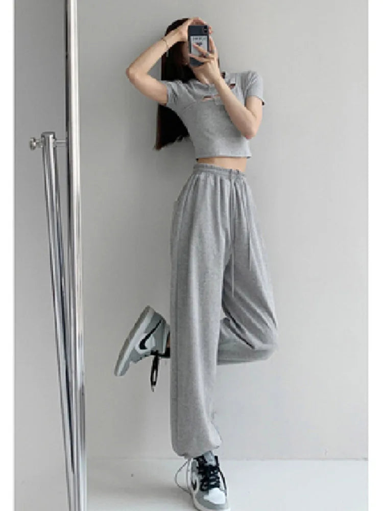 Korean White Blue High Waist Loose Drawstring Harem Pants
