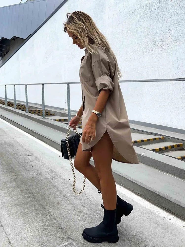 Womens Solid Button Front Shirt Dress Casual Long Sleeve