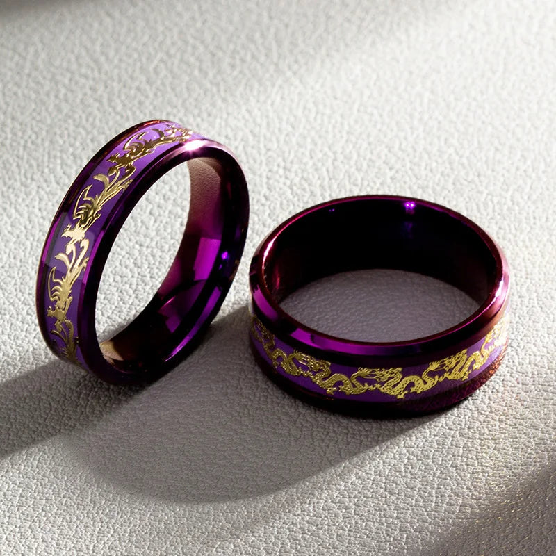 Purple Dragon Phoenix Stainless Steel Couple Rings for Wedding and Gift
