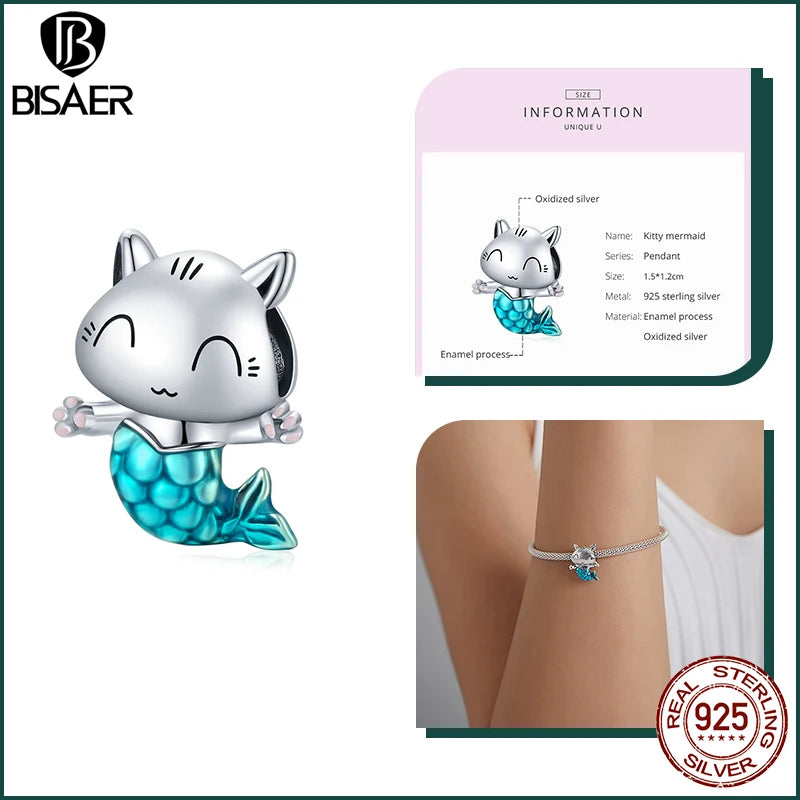 BISAER Ocean Charm 925 Sterling Silver Dolphin and Mermaid Bead with Blue CZ for DIY Jewelry ECC1852 CHINA