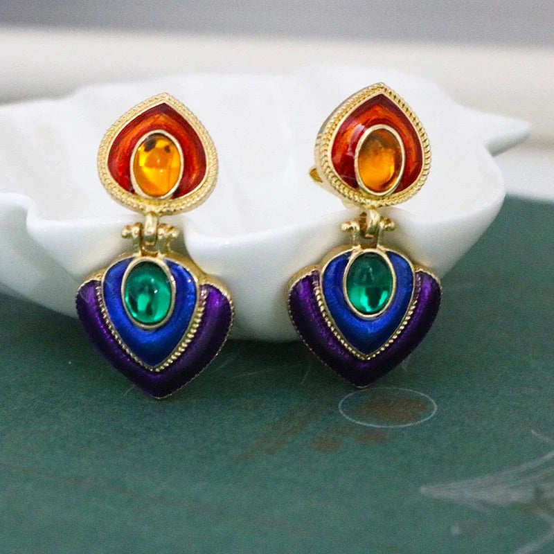 Boho Colorful Crystal Resin Heart Clip-On Earrings for Women Fashion Statement Jewelry