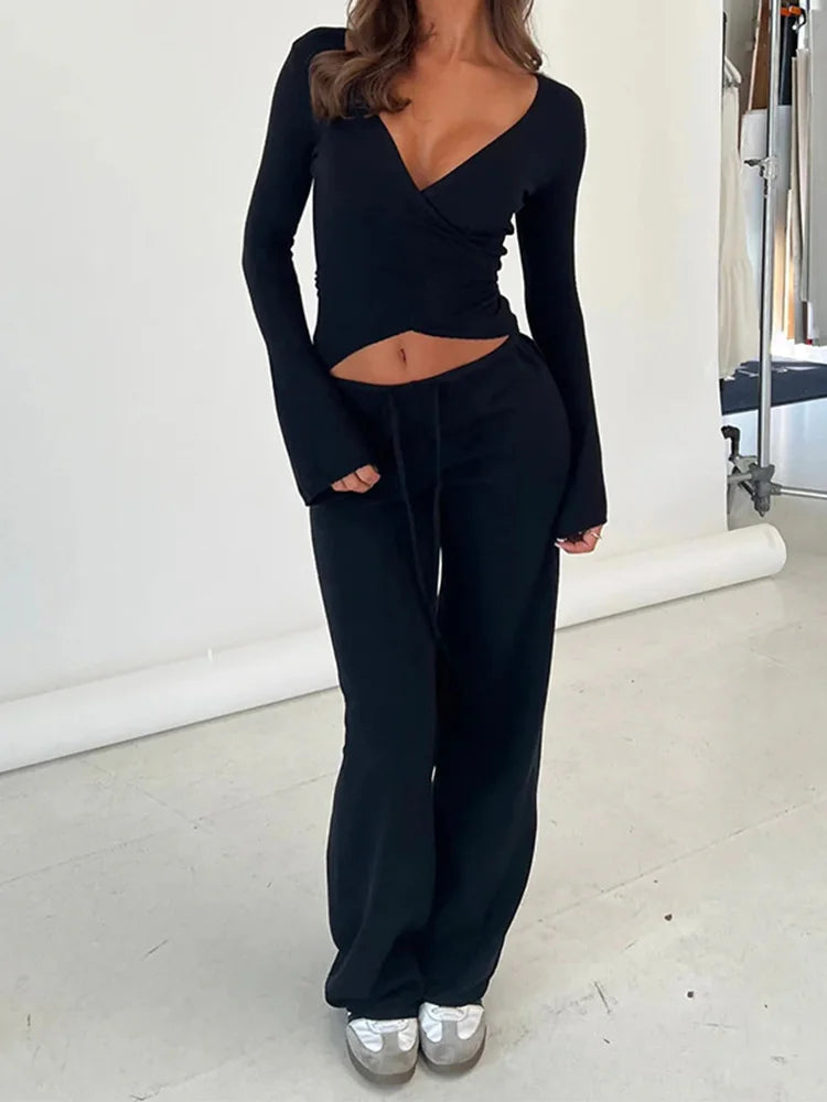 Vintage Women Lounge Set Two Piece V Neck Tie Top And Pants