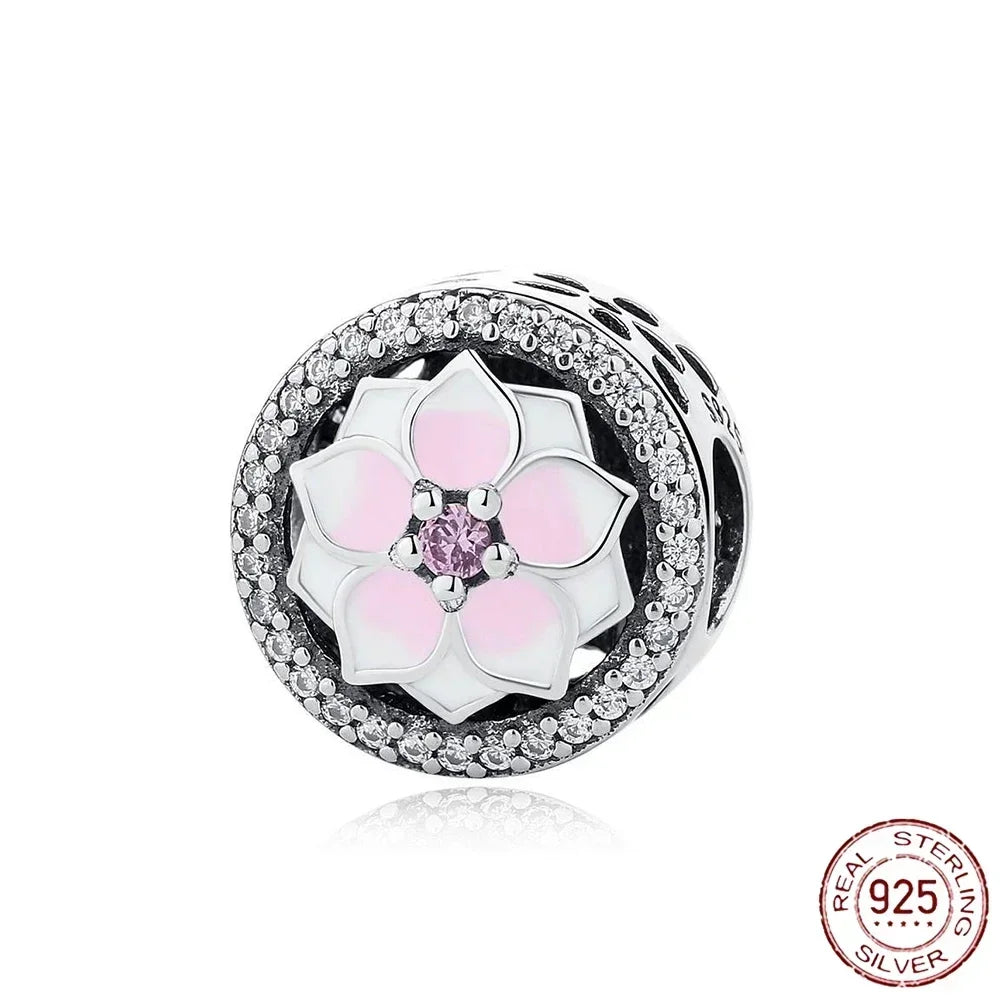 Sterling Silver Pink Blossom Dangle Charm with Butterfly Heart Flower Rose and Bird Bead for DIY Necklace and Bracelet Jewelry