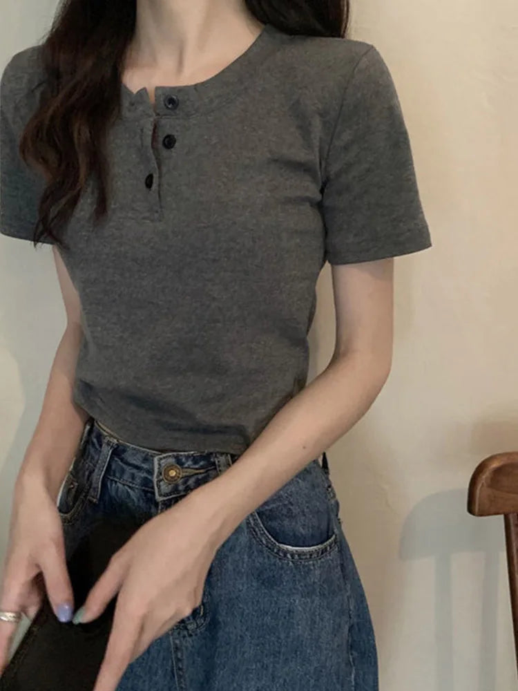 Women Open Button Crop Tee Shirt V Neck Short Sleeve