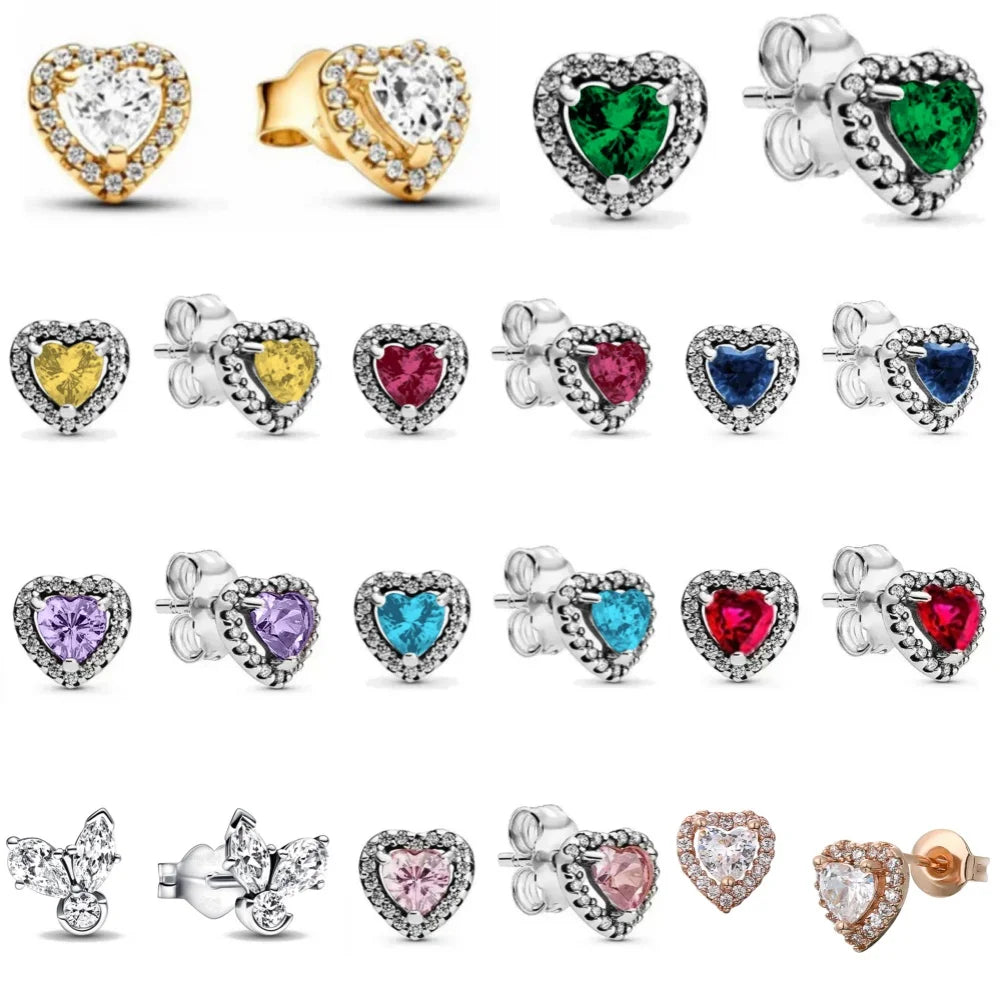 New 925 Silver Heart-Shaped Earrings with Purple Pink and Green Zircon for Exquisite Jewelry Gifts for Women