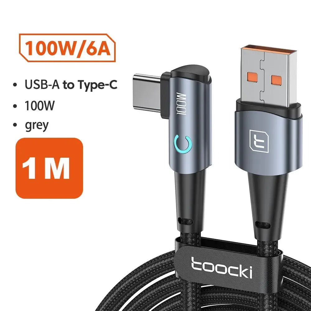 Toocki 6A USB C Cable 90 Degree For OPPO Fast Charging A- C Grey 1m