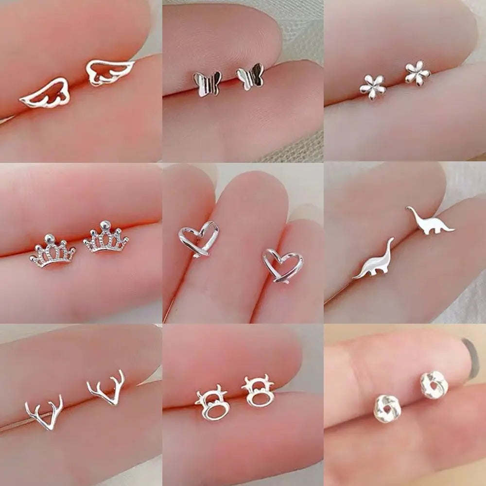 925 Silver Mini Stud Earrings for Women Heart Star Butterfly Dinosaur Design