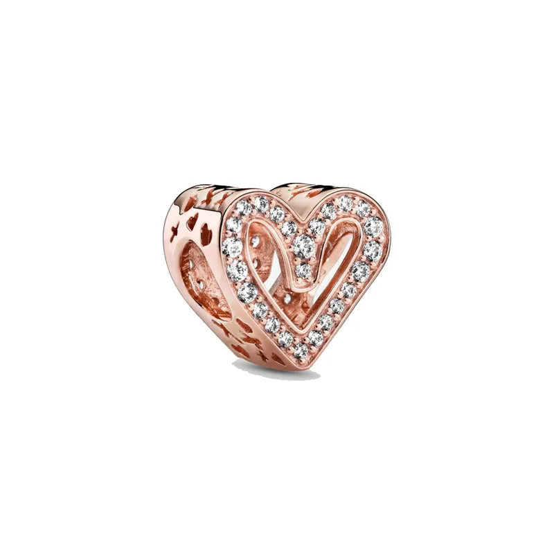 Rose Gold Padlock Heart Key Pendant Necklace for Women 925 Silver with Zircon Beads P305-R