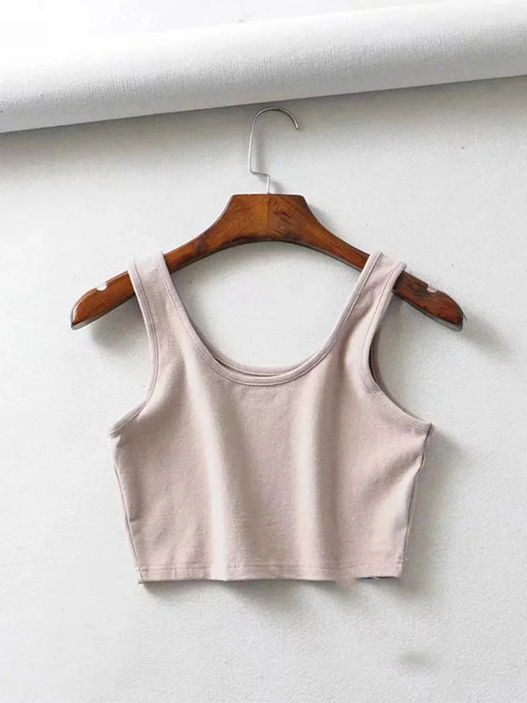Sexy Women Summer Sleeveless Cotton Knit Crop Top U Collar