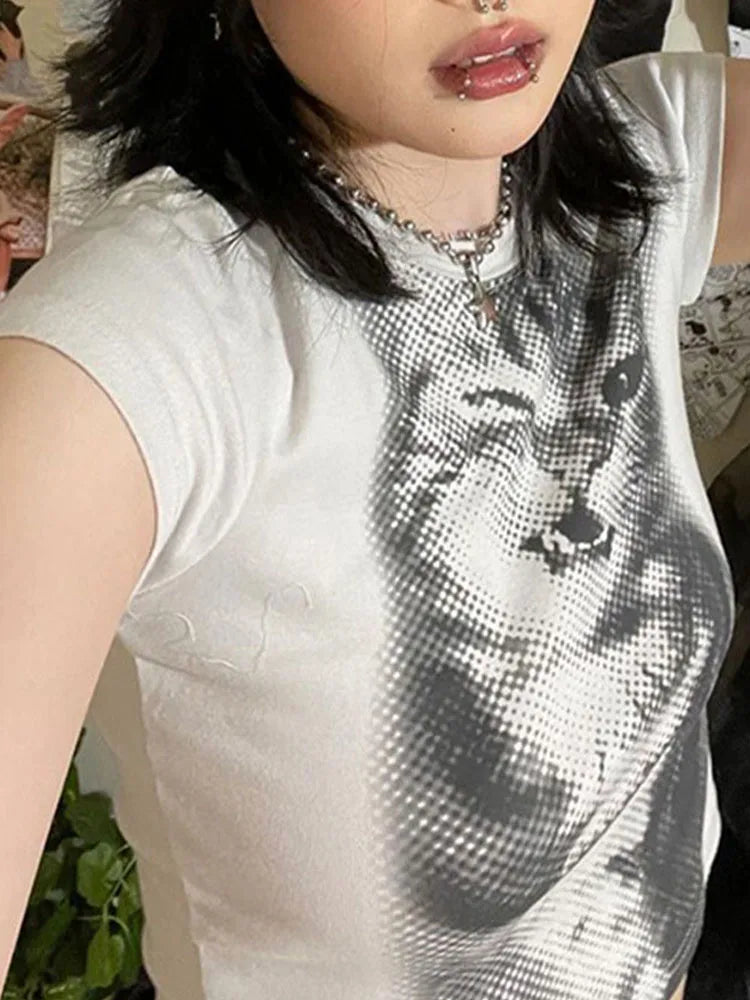 Harajuku Animal Print Crop Top White Slim Crewneck Vintage