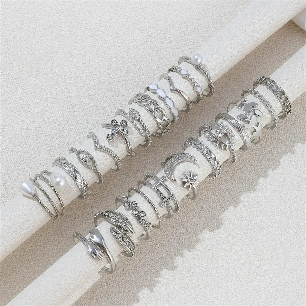 Silver Geometric Knuckle Rings Set for Women with Eye Cross Sun Moon Leaf Charms Boho Jewelry
