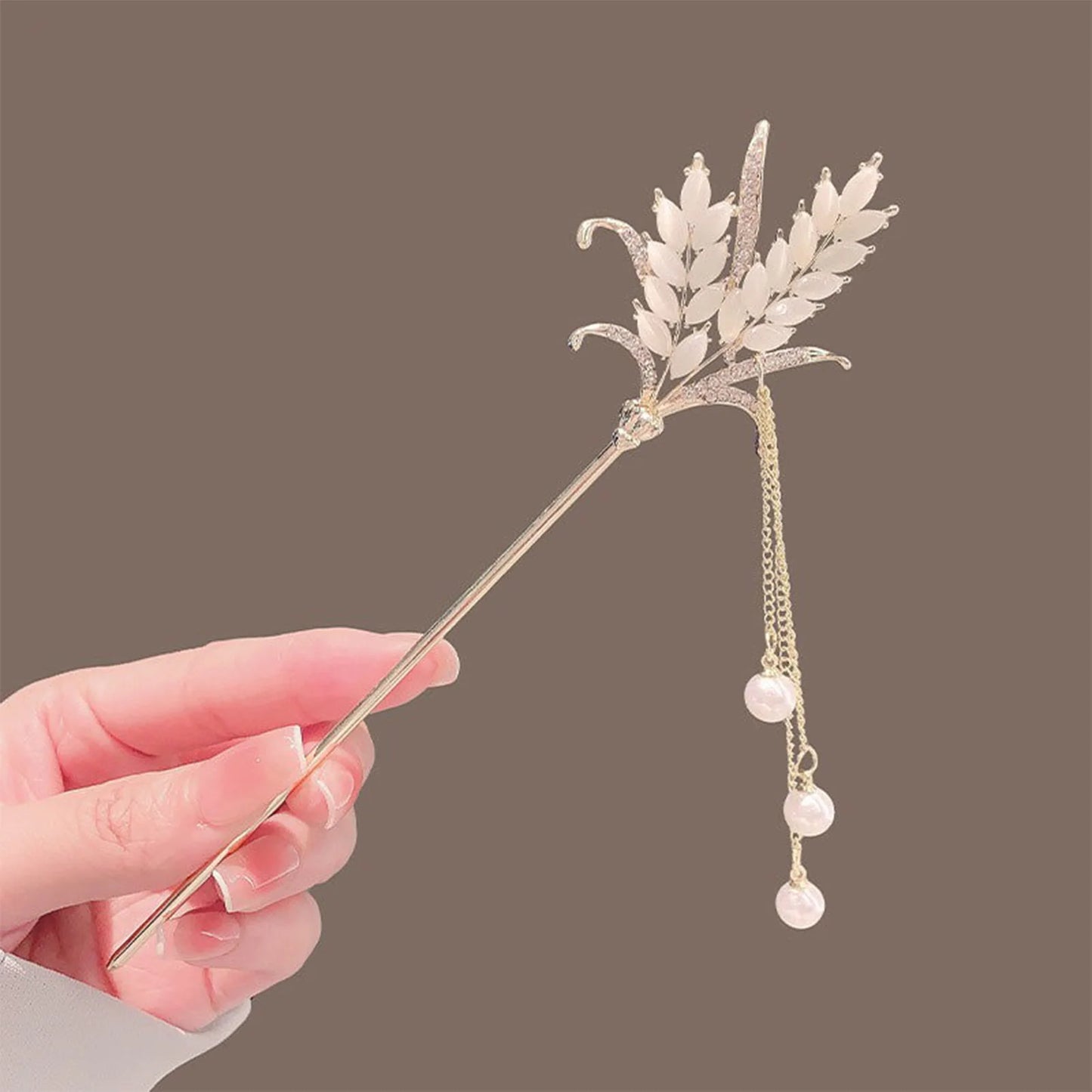 Elegant Gold Red Floral Pearl Long Tassel Hairpins Bridal Chinese Wedding Headpiece