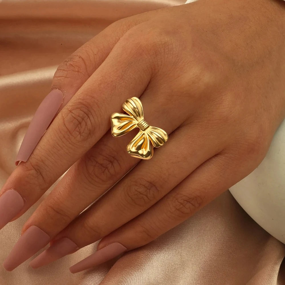 Elegant 18K Gold Plated Bow Ring for Women Stainless Steel Jewelry Gift