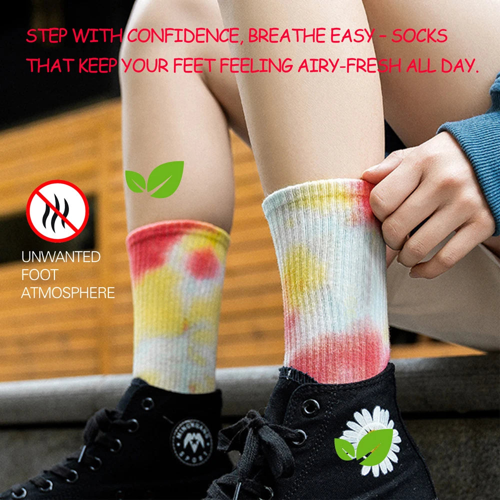 Handmade Tie Dye Mid Calf Cotton Socks For Women Breathable