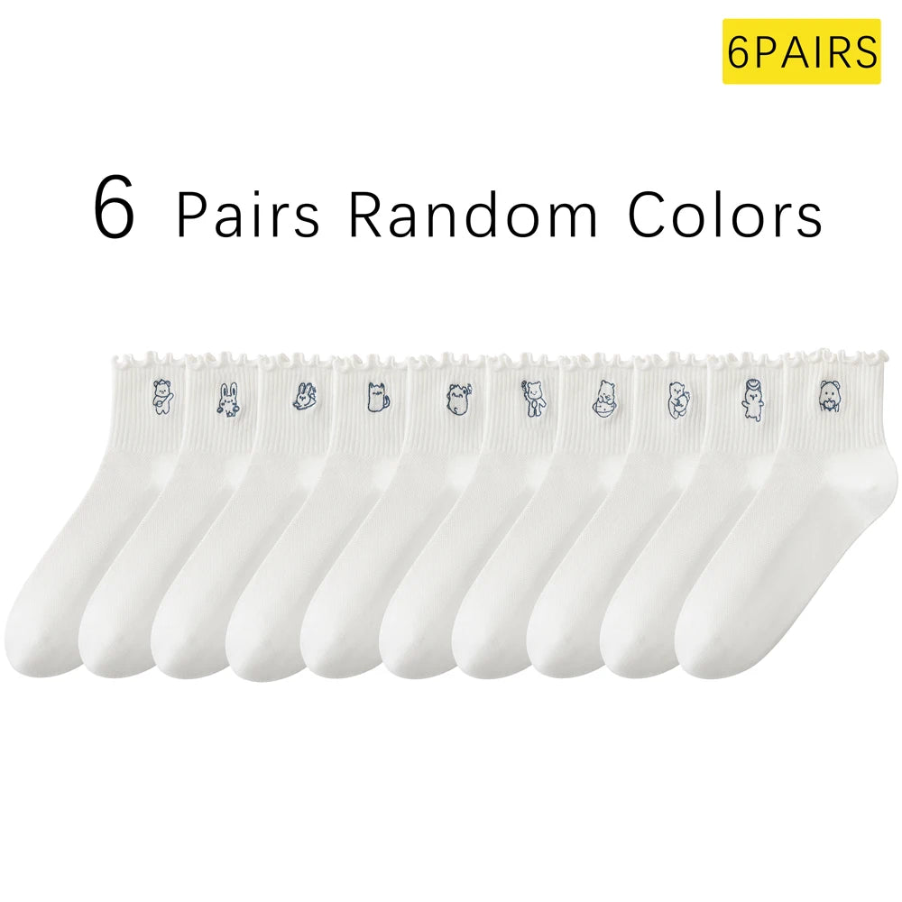 6 Pairs White Cotton Womens Mid Crew Cartoon Ruffle Socks