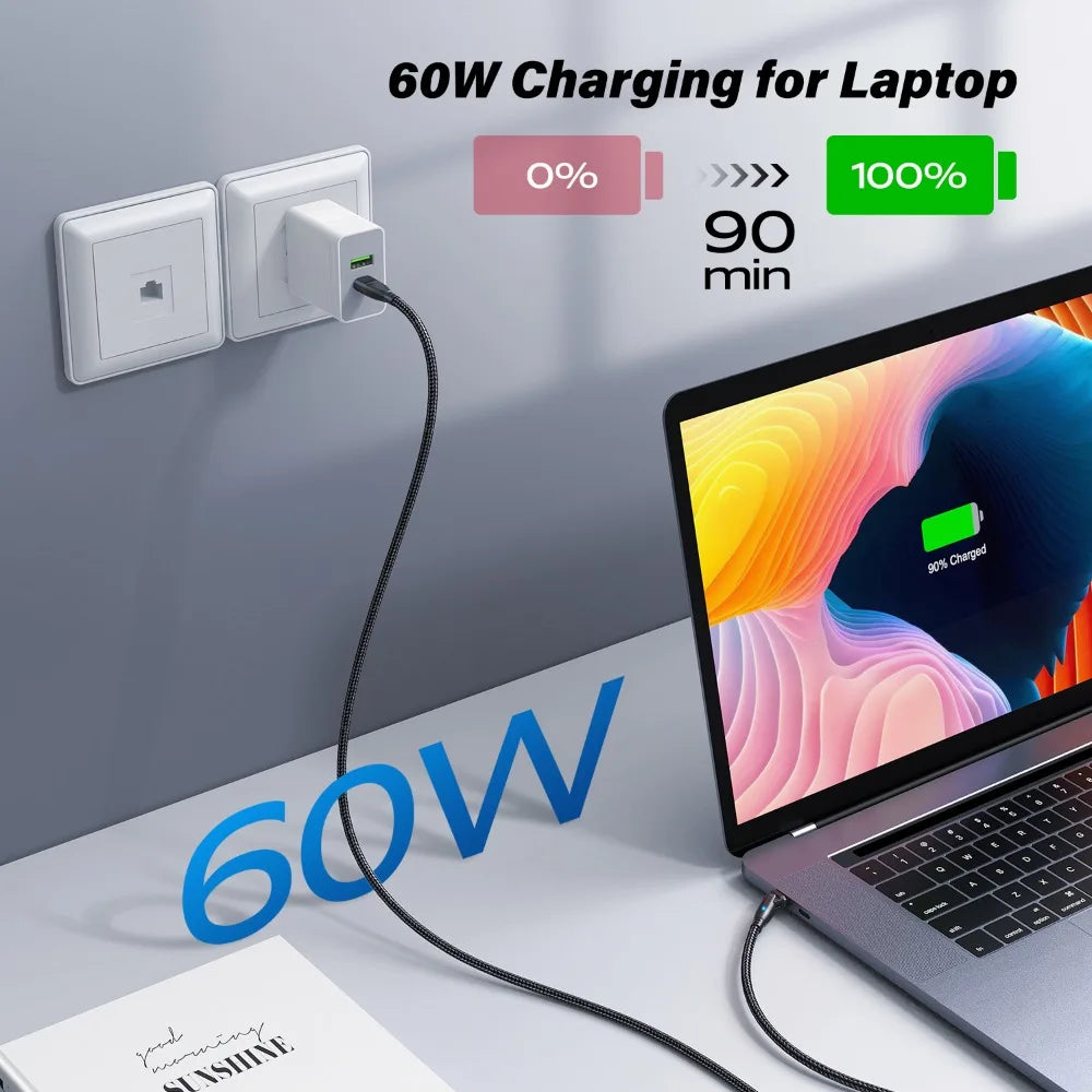 AUFU 100W USB C Fast Charging Cable 3M 5A PD Power Cord with 180 Degree Rotate for MacBook iPad Samsung Xiaomi
