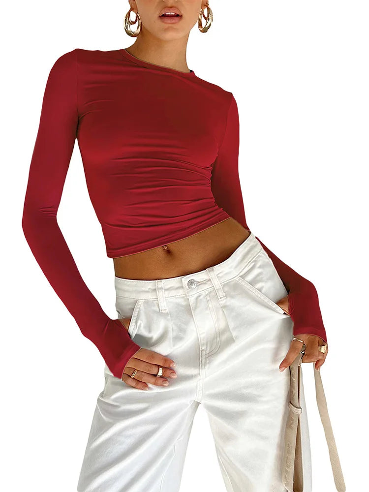 Dozw Women Long Sleeve Crew Neck Crop Top With Thumb Holes