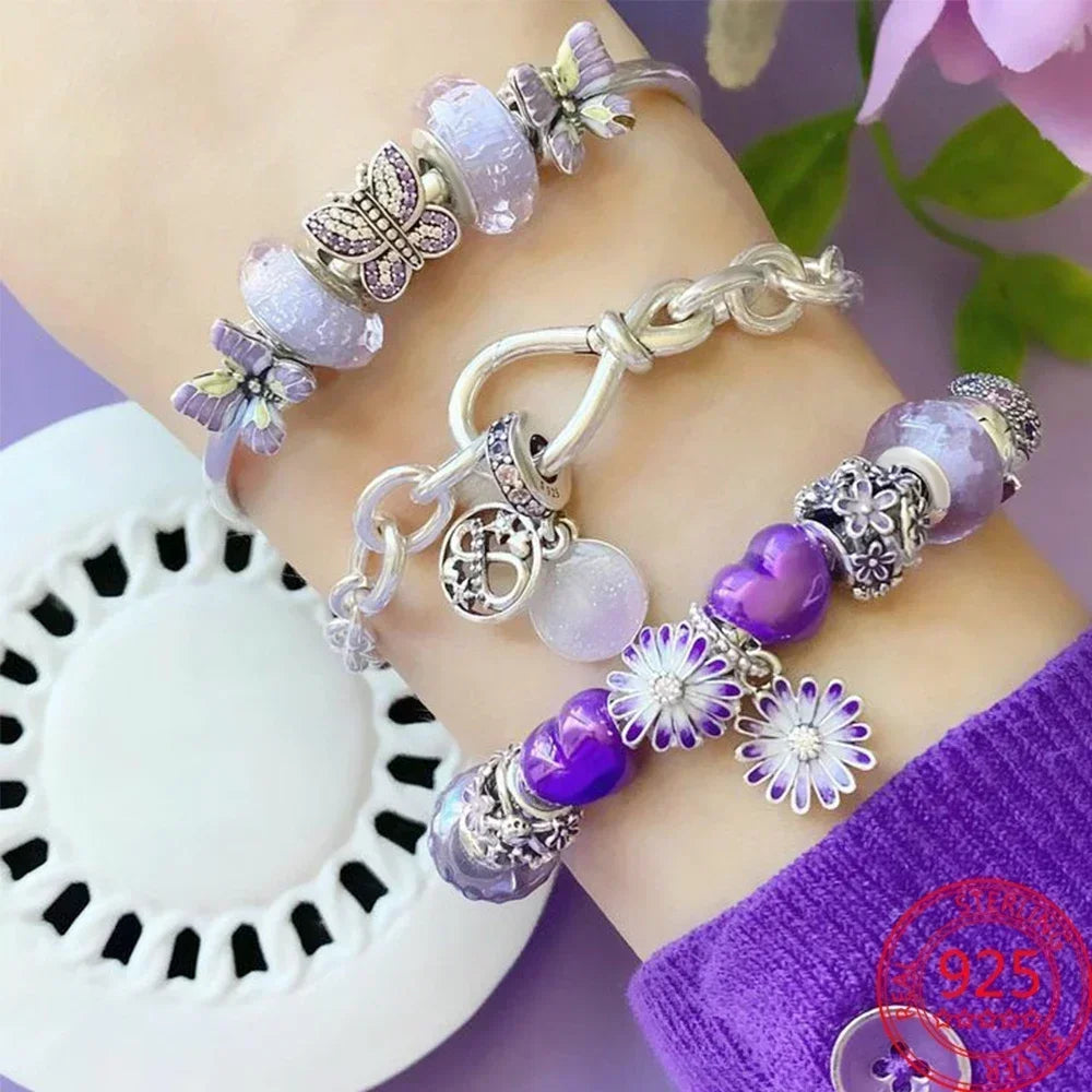Sterling Silver Purple Murano Pansy Flower Dangle Charm for Women Bracelet and Necklace Jewelry Gift