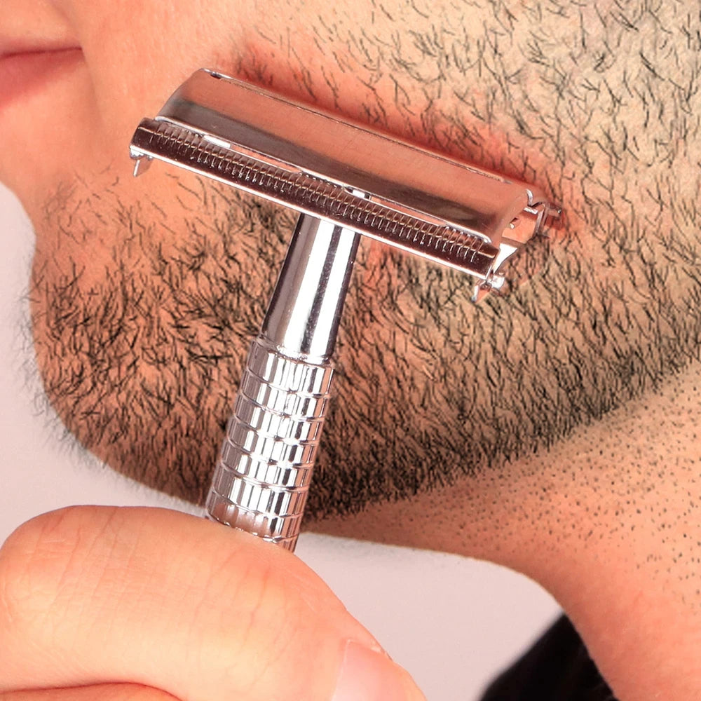 Wangda Professional Double Edge Stainless Steel Beard Shaver Set Classic Safety Razor with Replacement Blades for Men