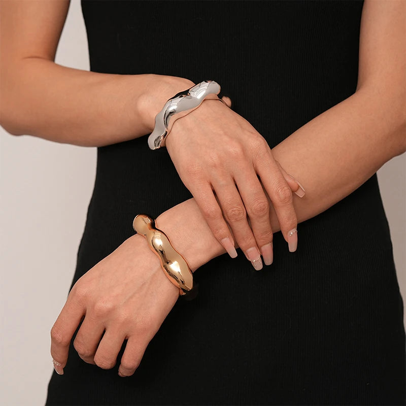 Exaggerated Fashion Irregular Cuff Bracelets for Women in Glossy Gold and Silver Colors