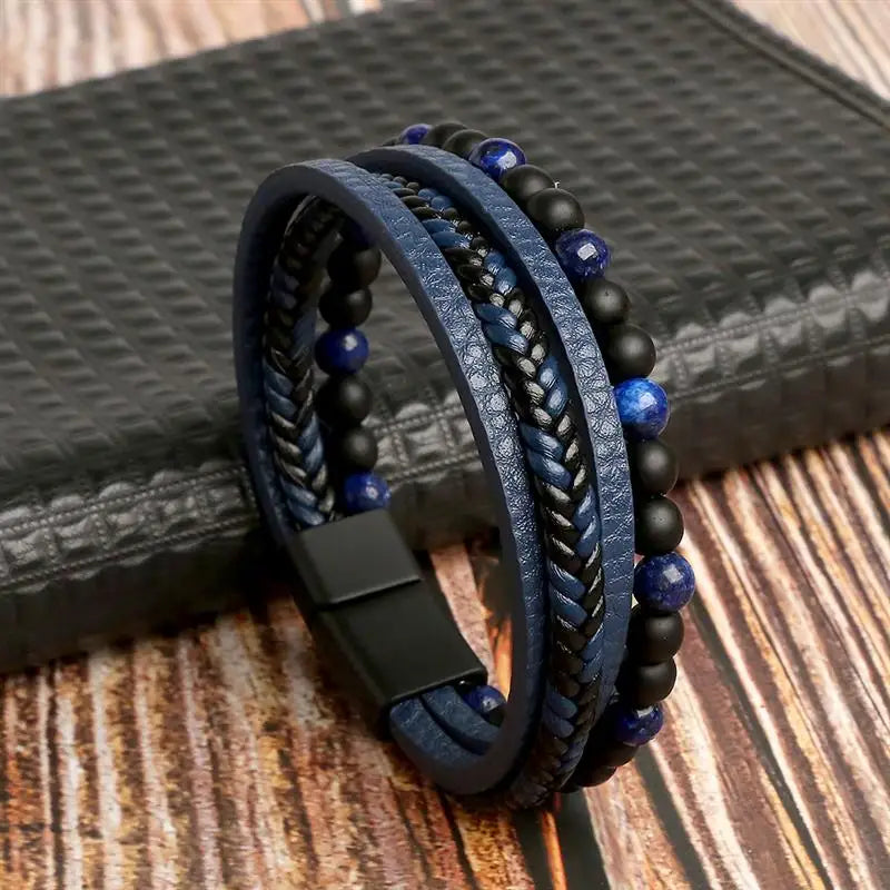 Men's Leather Bracelet with Stainless Steel Tree of Life Charm - Stylish Multi-Layer Fashion Accessory