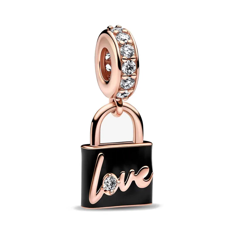 Rose Gold Padlock Heart Key Pendant Necklace for Women 925 Silver with Zircon Beads P1433