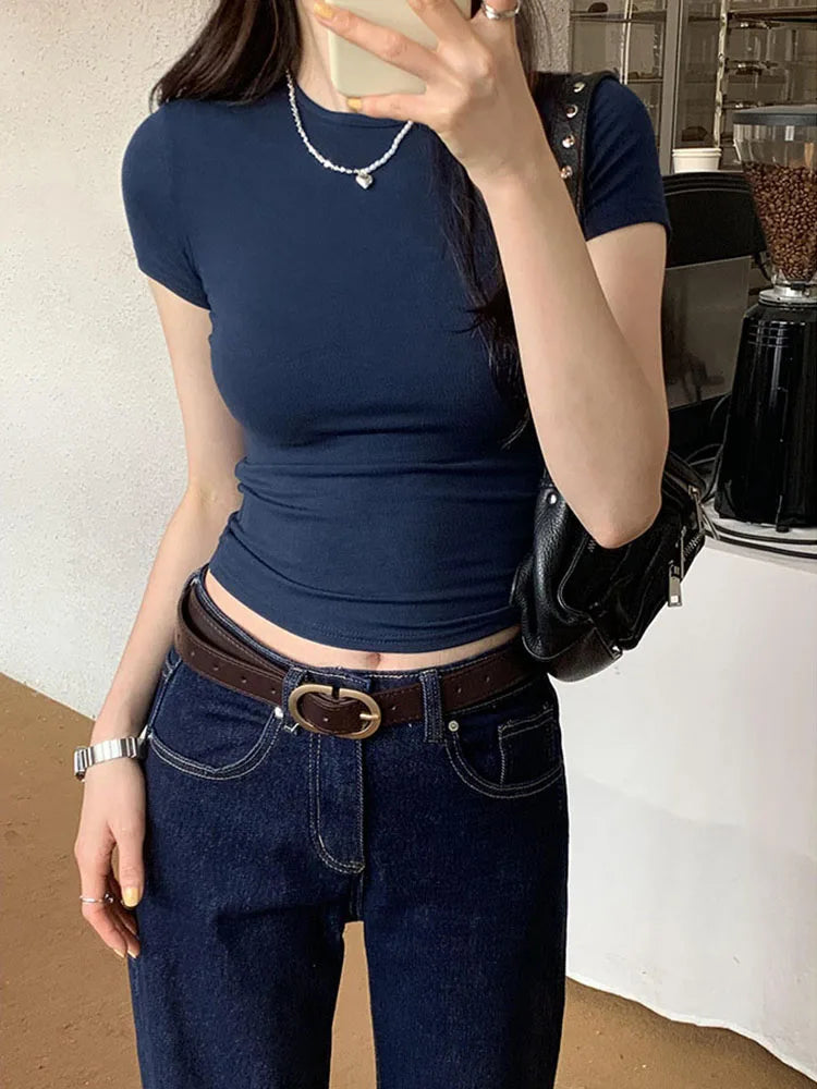 Basic Solid Crop Top Women Crewneck Short Sleeve Streetwear Tee
