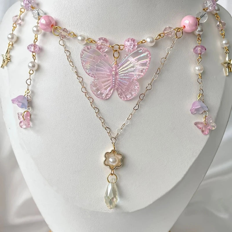 Elegant Beaded Butterfly Pendant Necklace for Women with Adjustable Chain