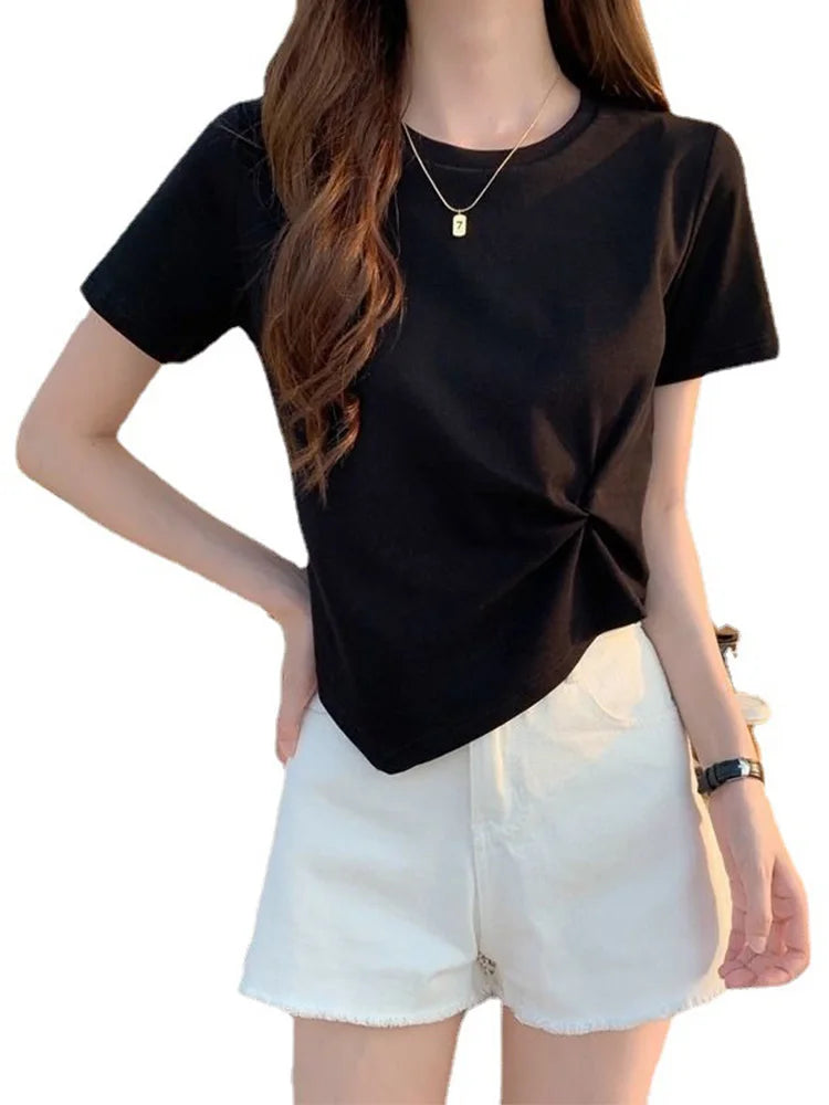 Y2K Irregular Slim O Neck Tee Women Summer Skinny Solid