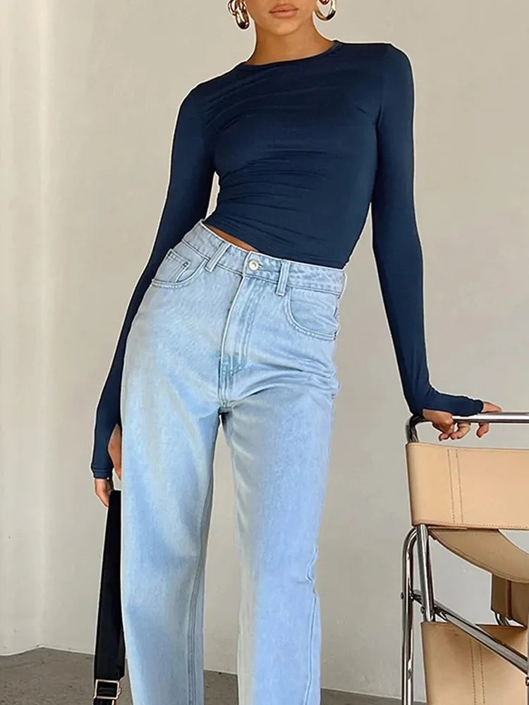 Dozw Women Long Sleeve Crew Neck Crop Top With Thumb Holes