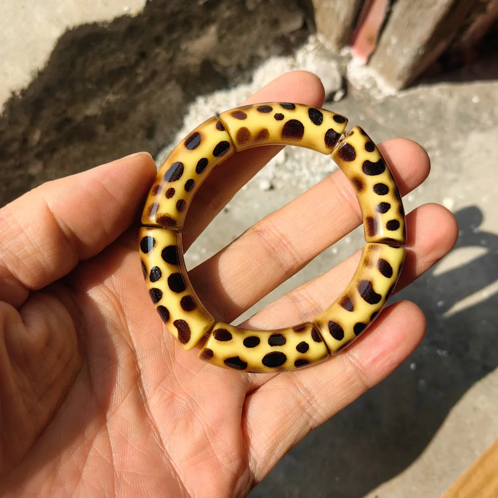 Vintage Leopard Print Acrylic Bamboo Stretch Bracelet for Women Fashion Jewelry 2025