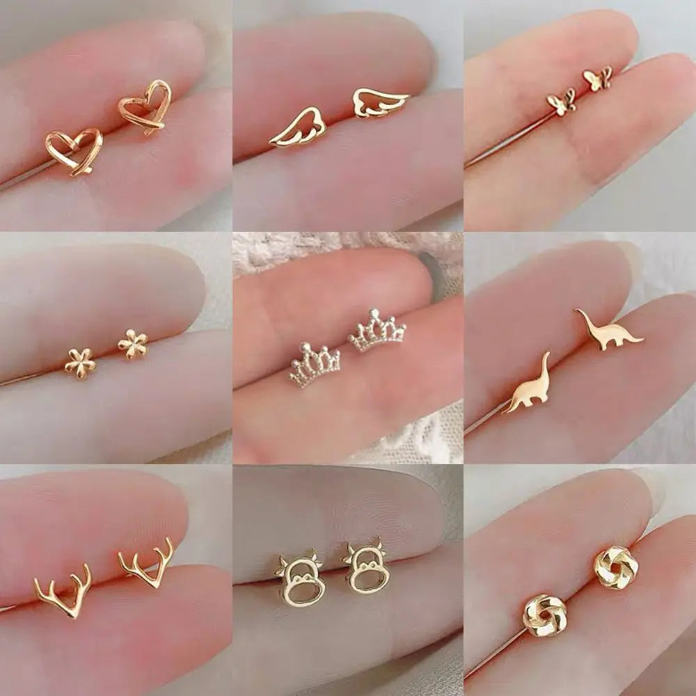 925 Silver Mini Stud Earrings for Women Heart Star Butterfly Dinosaur Design