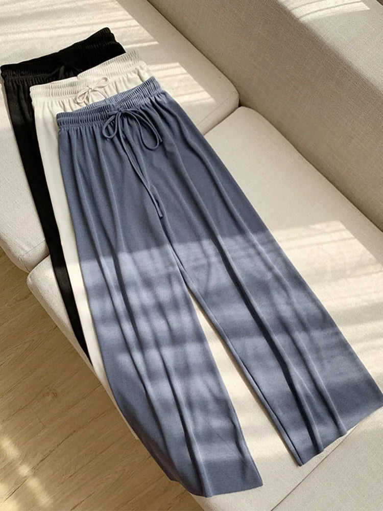 Summer Lace Up Wide Leg High Waist Pants for Women Ice Silk