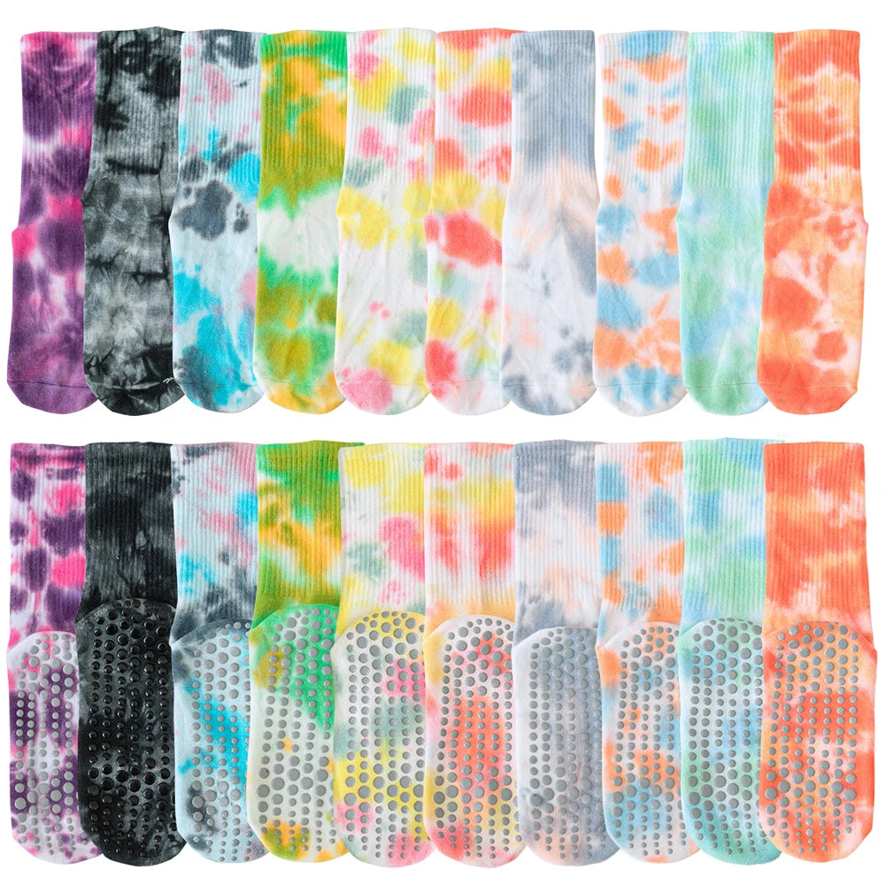Tie Dye Yoga Socks 3 Pairs Anti Skid Cotton Blend Mid Calf
