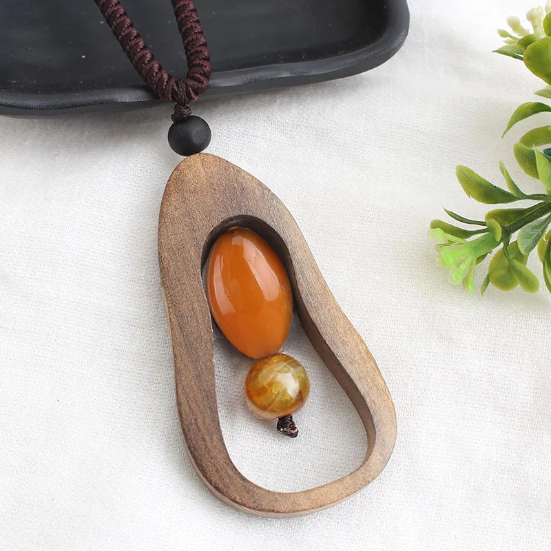 Vintage Long Sweater Chain Necklace for Women with Handmade Sandalwood Pendants in Ethnic Style