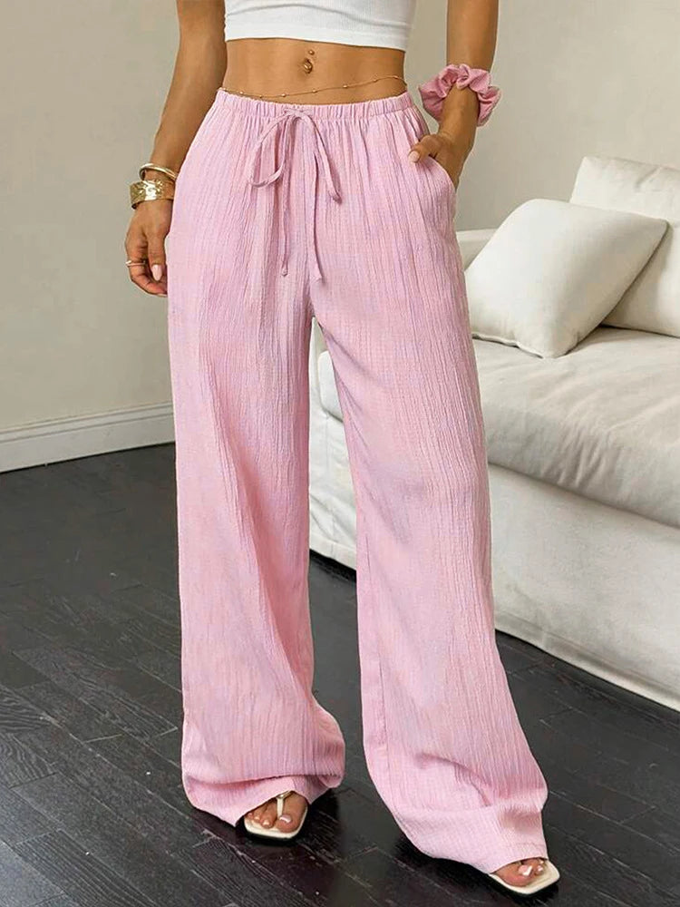 Summer Pink Lace Up Streetwear Trousers For Women Casual